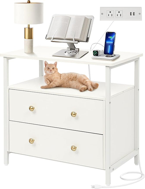 27 inch Wide Nightstand with Charging Station, Bedside Table with Open Shelf by Edbuosy