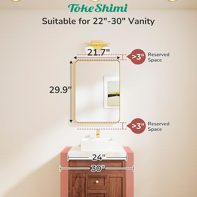 TokeShimi Gold Bathroom Mirror 22x30, HD Tempered Glass, Brushed Gold Bathroom - Image 2