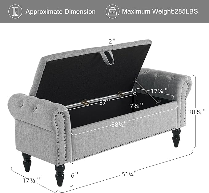 Furniliving 51” Bedroom Bench, End of Bed Bench - Image 3