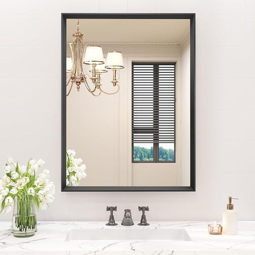 20x30 Inch Bathroom Mirror, Matte Black Framed Rectangle, 4MM Tempered Glass by JISOSO