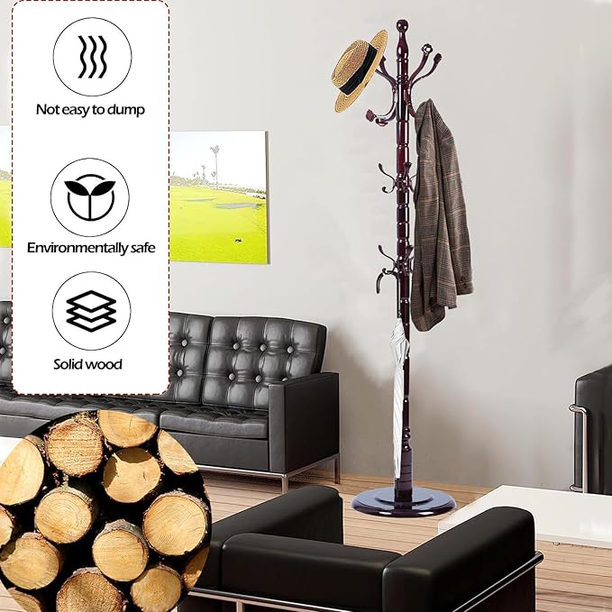 Coat Racks Free Standing with 14 Hooks, Natural Wood Coat Stands - Image 3