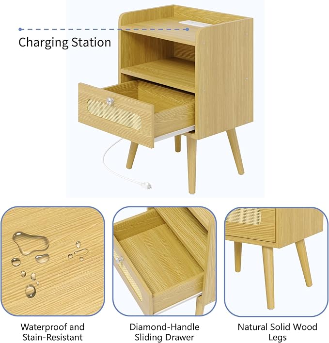 End Table with Charging Station, Nightstand with Diamond Handle and - Image 5