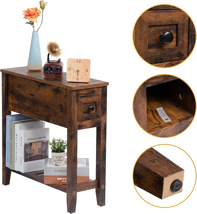 Brown Chairside Narrow End Table, Solid Wood Recliner Side Table - Image 7