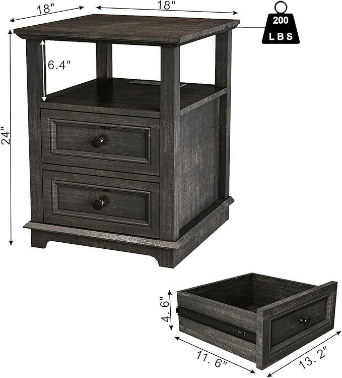 End Table with Fast USB C Charging Station, Large Storage Rustic Wood Square - Image 2