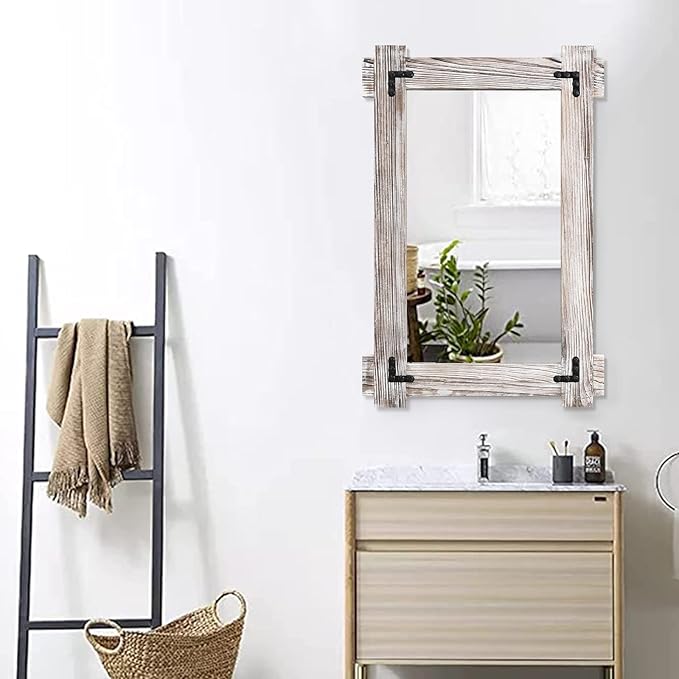 MeMoreCool Rustic Wood Framed Bathroom Mirror, Decorative Farmhouse Vanity - Image 4