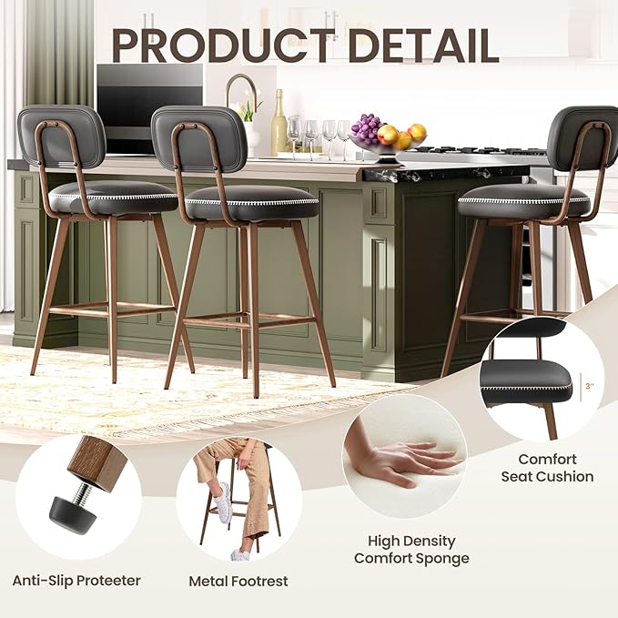 Swivel Bar Stools Set of 3, Mid Century PU Leather Counter Height Bar Chairs - Image 4