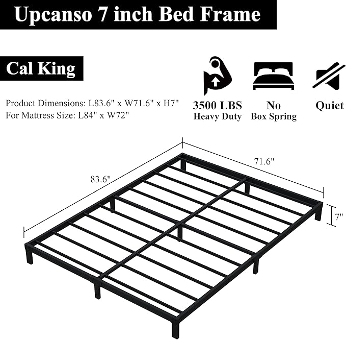 7 Inch California King Bed Frame No Box Spring Need, Low Profile Metal Platform - Image 3