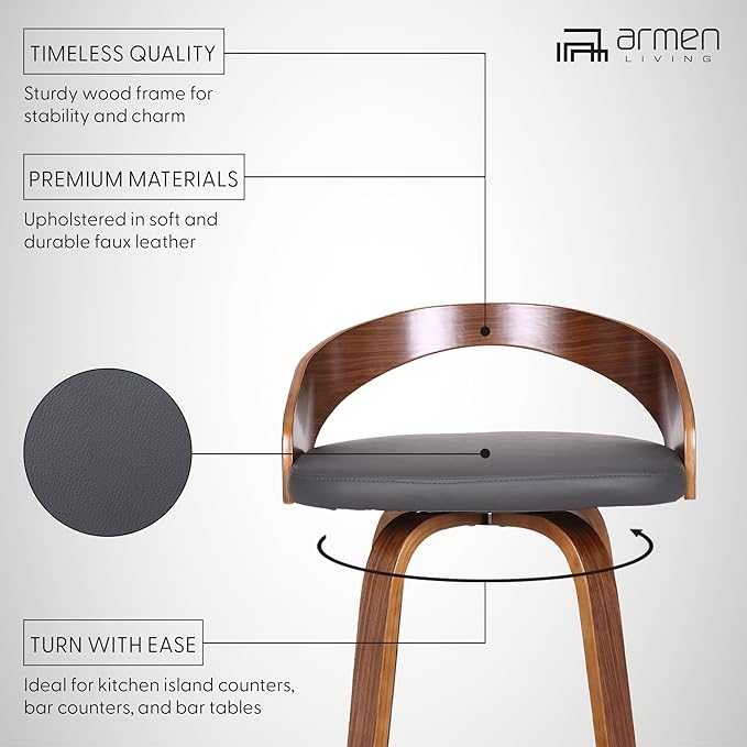 Armen Living Sonia 26" Counter Height Swivel Gray Faux Leather and Walnut Wood - Image 4