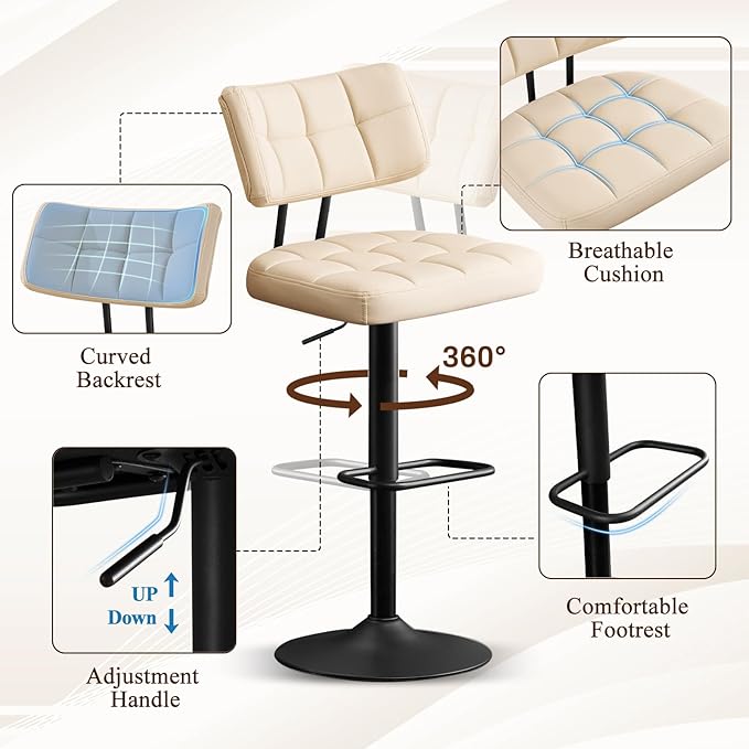 Furniliving Upholstered Bar Stools Set of 4, Faux Leather Swivel Bar Stools - Image 5