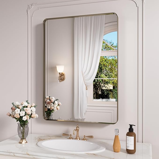 Bronze Bathroom Mirror 20x30 Inch, Brushed Bronze Metal Frame Mirror by JISOSO