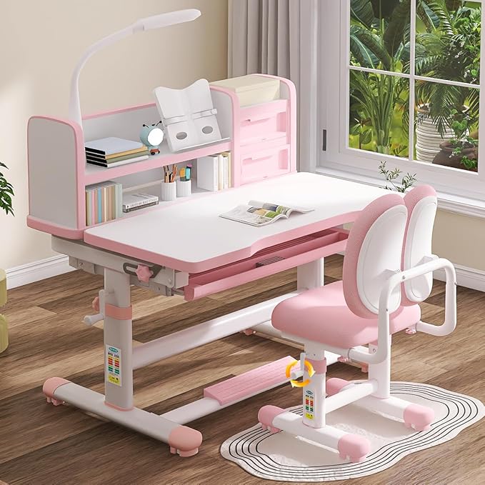 Kids Study Table and Chair Set Pink Adjustable Art Desk - Image 2