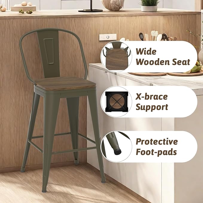 24” Swivel Bar Stools Set of 4, Counter Height Bar Stools Wooden Seat, Metal - Image 5