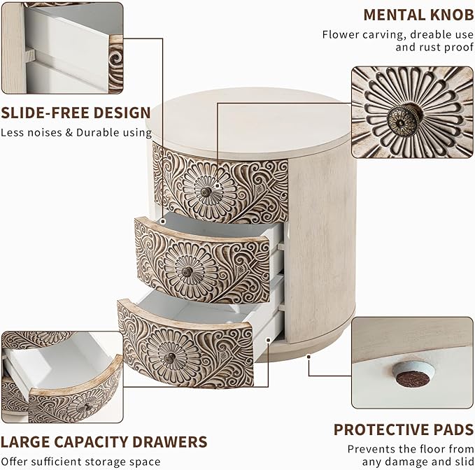 COSIEST Bedside Table Set of 2, Wood Nightstand 3 Drawers, Farmhouse Round End - Image 5