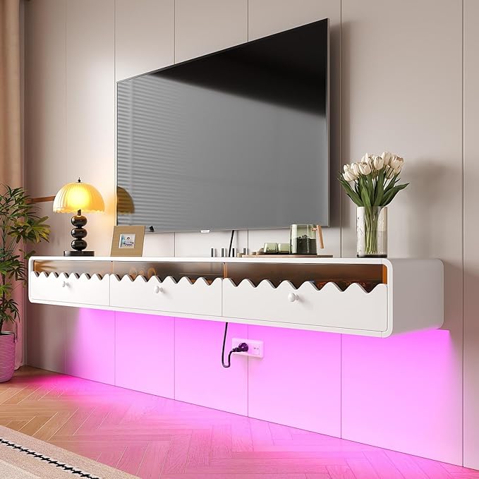Floating TV Stand, 70IN Fully-Assembled Wall Mounted Wave Glass by FloatiCasa