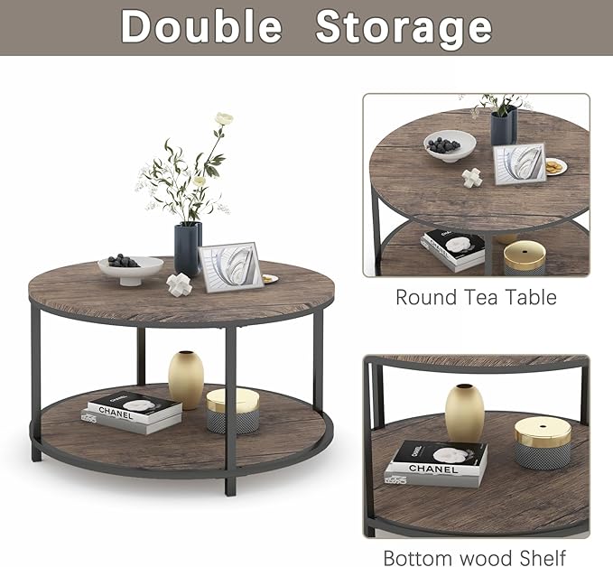 Round Coffee Table, Rustic Wooden Surface Top & Sturdy Metal Legs Industrial - Image 4
