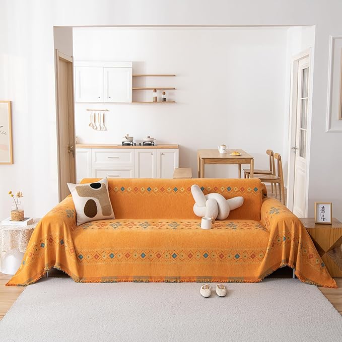 STACYPIK Soft Orange Sofa Cover, Boho Chenille Couch Cover by STACYPIK