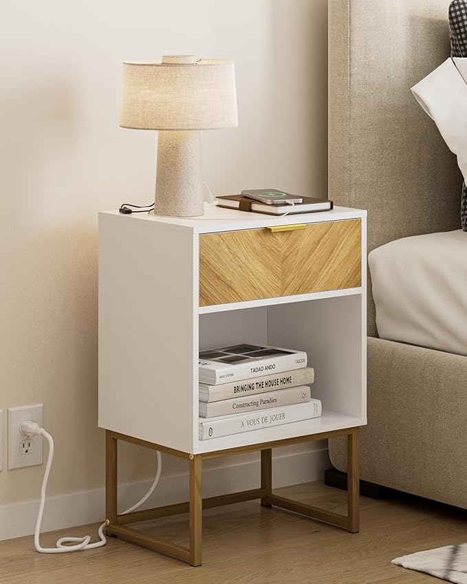 Masupu Nightstand with Charging Station, Modern Night Stand Boho Farmhouse Wood by Masupu