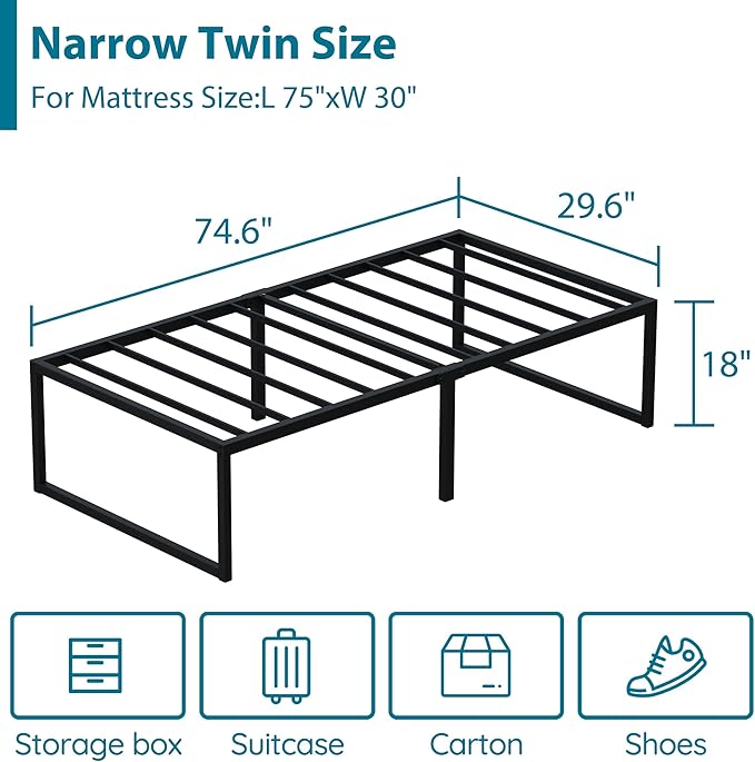 EMODA 18 Inch Narrow Twin Bed Frame 30x75, Heavy Duty Metal Platform No Box - Image 2