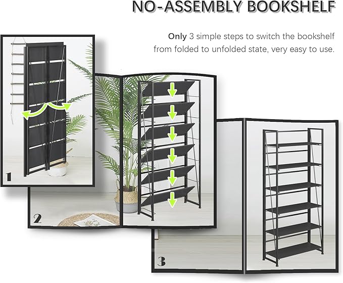 4NM No Assembly Folding Bookshelf, 6-Shelf 74" H Collapsible Foldable Bookcase - Image 6