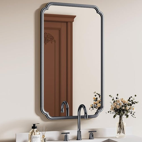 26"x40" Rustproof Bathroom Mirror Black, Round Corner Metal Frame Wall Mirror by FerytangeHome