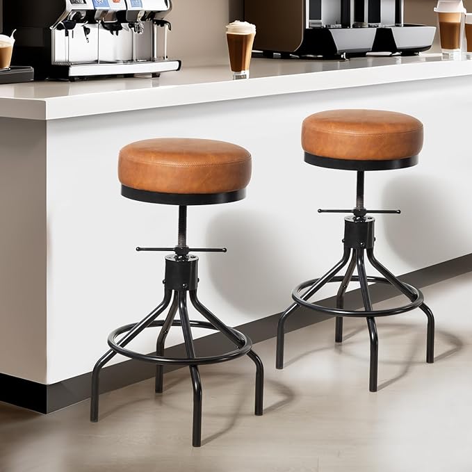 Industrial Bar Stools Set of 3 Adjustable Swivel Barstools Modern PU Leather - Image 8