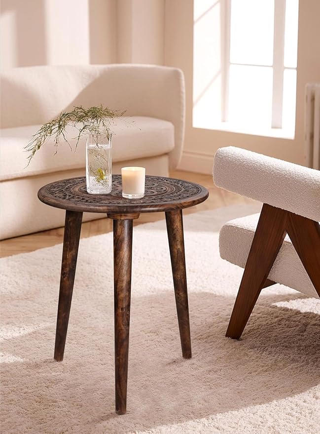 Wooden Table with 3 Legs Pillar, Carving End Tables, Round Coffee Table - Image 9