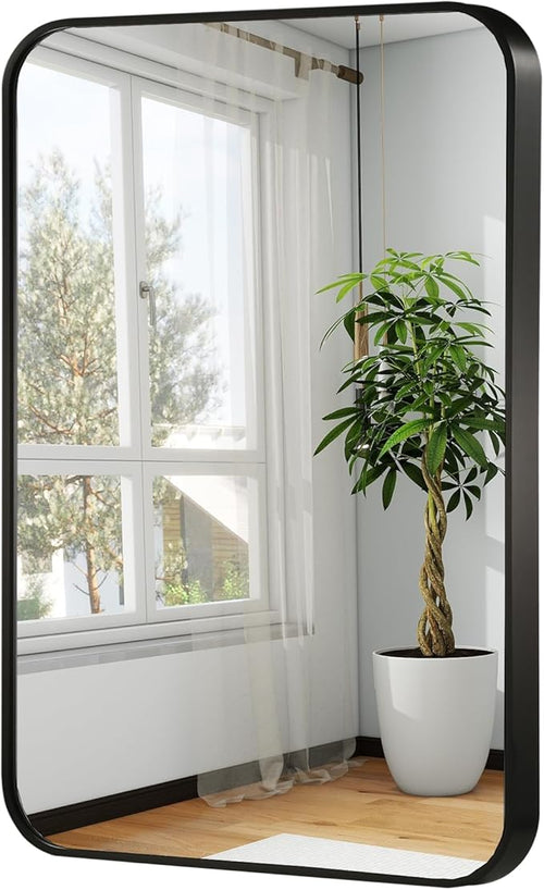 20x28 Inch Black Wall Mirror for Bathroom, Brushed Metal Framed Mirror by JENBELY