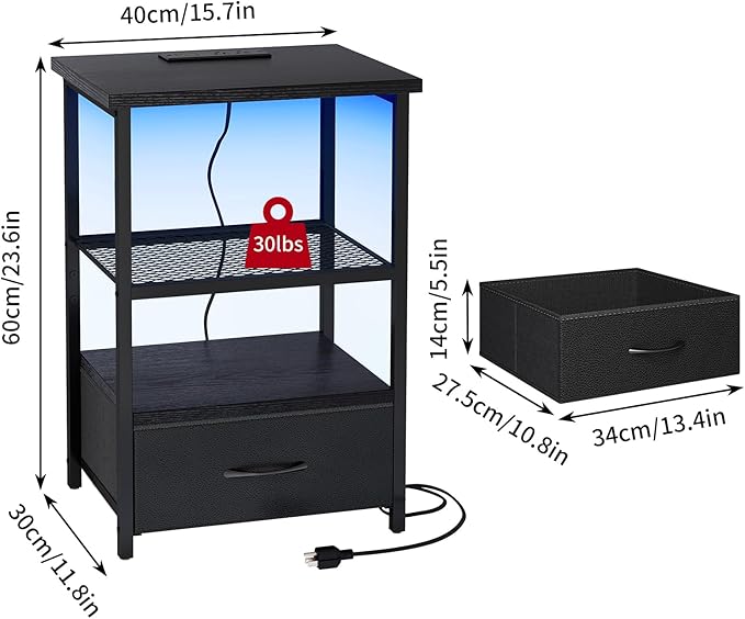 Fixwal Night Stand with Charging Station, LED Nightstand Side Table with Fabric - Image 3
