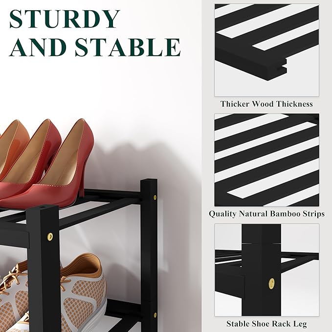 Smiry Shoe Rack, 2 Tier Long Bamboo Shoe Organizer, Stackable Free Standing - Image 2