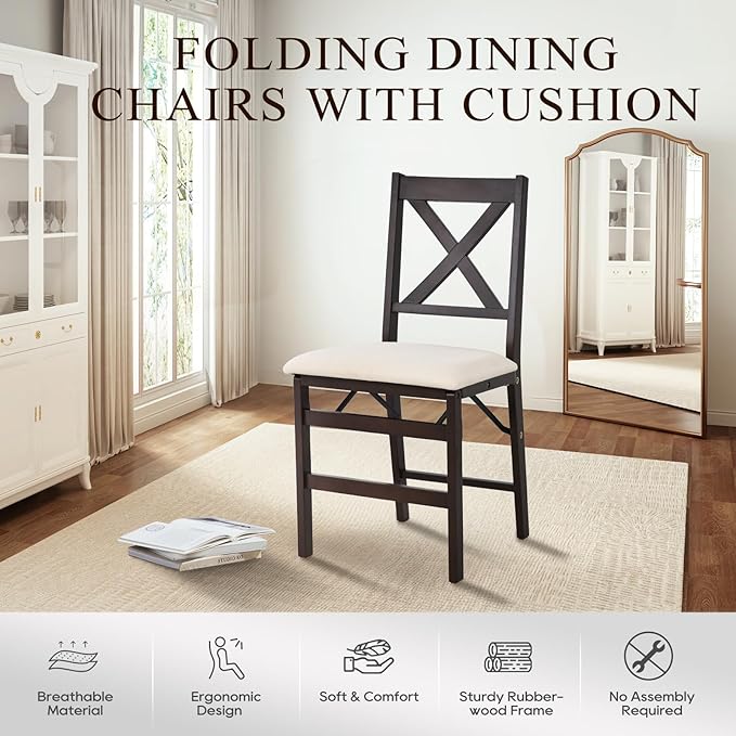 COLAMY Folding Dining Chairs Set of 2 – Beige Upholstered Wooden Dining Room - Image 6