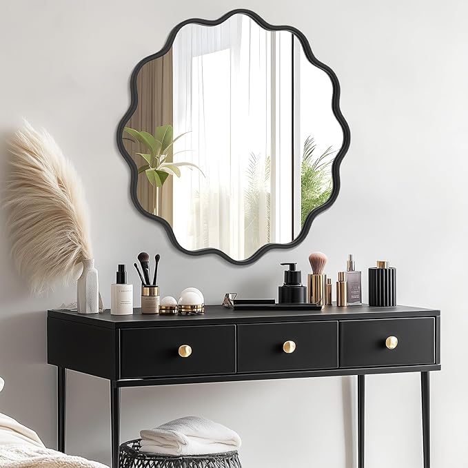 PROHOMEWARE Black Round Mirror 32 Inch Wavy Bathroom Vanity Mirror Black Frame - Image 7