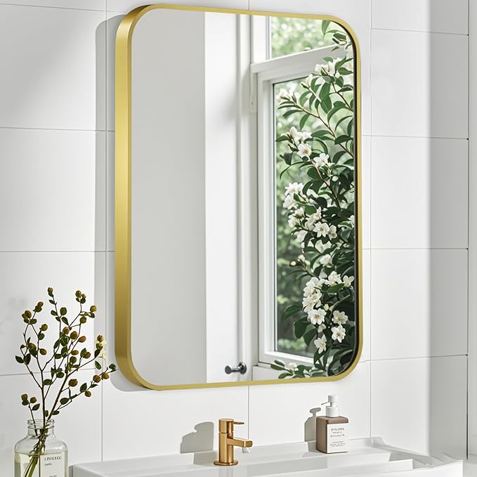 Matte Gold Mirror, 20x28 Inch Brushed Gold Mirror, Aluminum Alloy Framed Vanity by CLBA