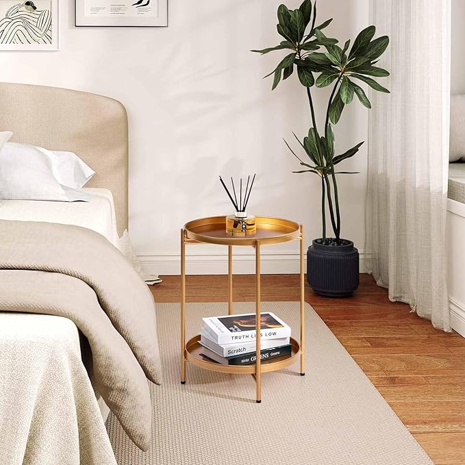 HollyHOME 2-Tier Round Gold Side Table, Outdoor Small Folding Accent Stand - Image 9