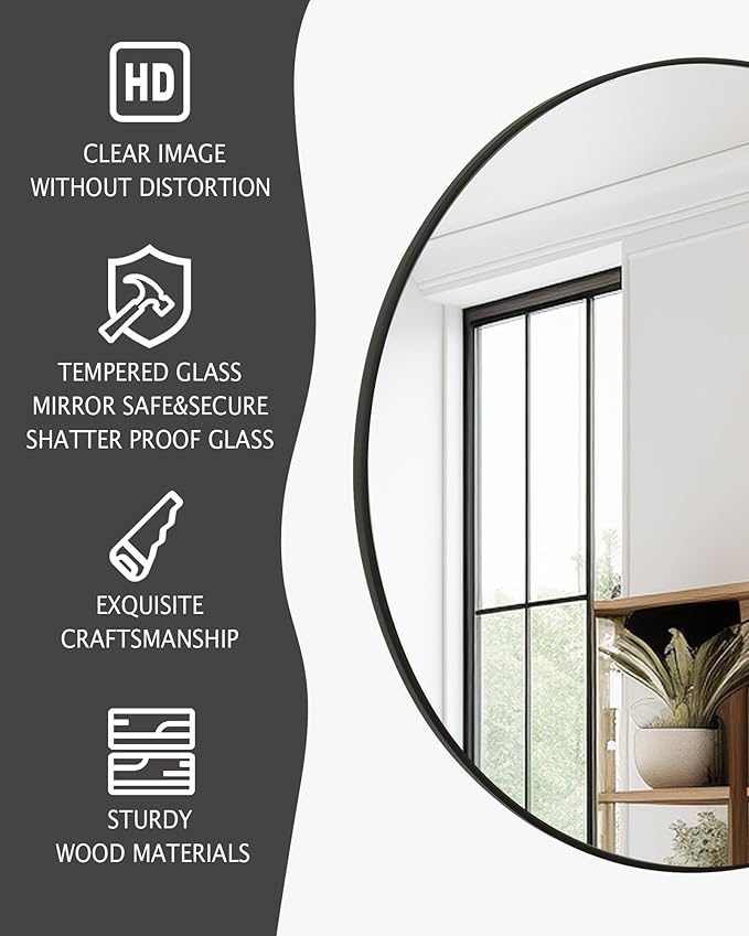 Black Round Mirror, Bathroom 30 Inch Vanity Wall Mirror, Modern Circle Mirror - Image 5