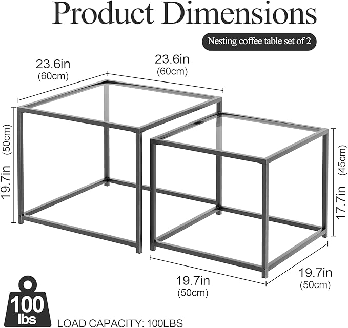 VILAWLENCE Coffee Table Set of 2, Modern Black Glass Side Table, Metal Frame - Image 2