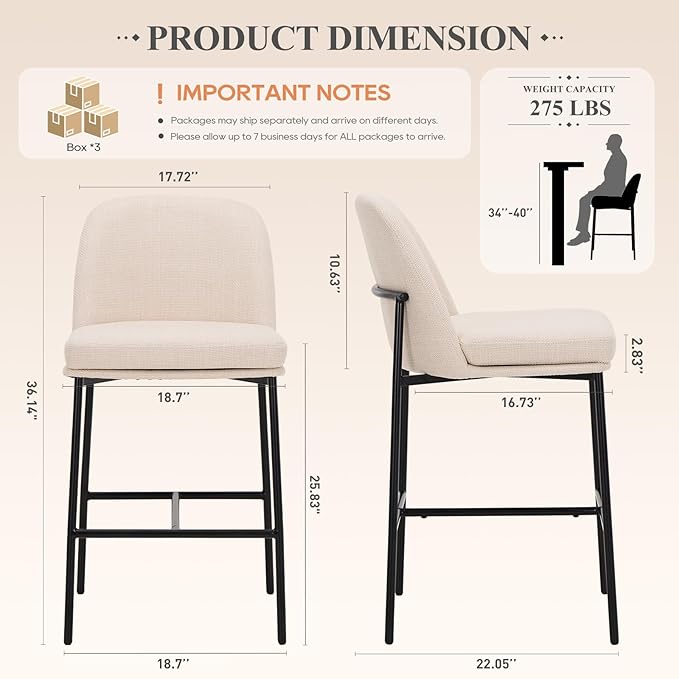 COLAMY Counter Height Bar Stools Set of 6, 25 Inch Modern Fabric Kitchen Island - Image 2