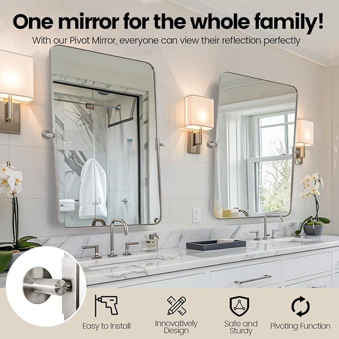 MOON MIRROR 20" x 28" Brushed Nickel Metal Framed Pivot Rectangle Bathroom - Image 2