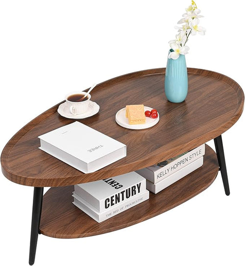 2-Tier Water-Shaped Wood Center Table Mid Century Oval Coffee Table Rustic by Zedesey