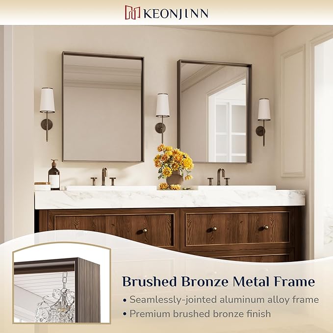 Keonjinn 24 x 32 Inch Brushed Bronze Mirror, Rectangle Bathroom Vanity Mirror - Image 6