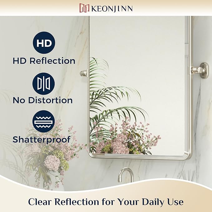 Keonjinn 24x30 in Brushed Pivot Mirror, Tilt Beveled Mirror Bathroom, - Image 6