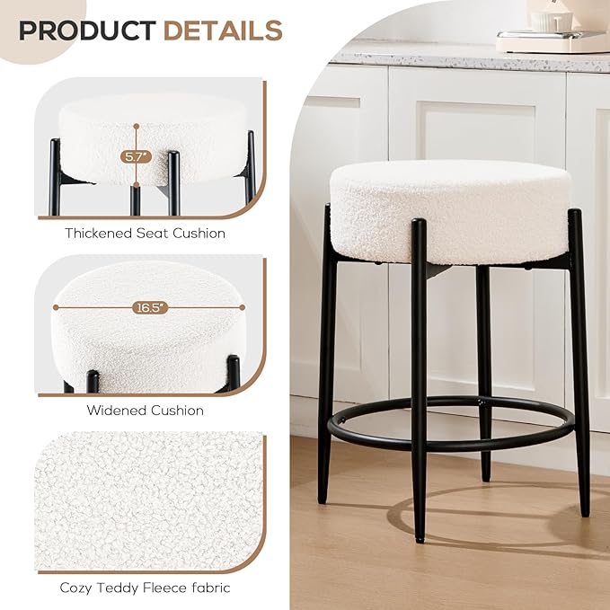 Dining Room Chairs Set of 8, 23.6" Sherpa Backless White Boucle Dining Chair - Image 3