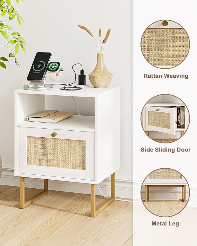 Masupu Rattan Nightstand with Charging Station, Modern Boho Farmhouse Wood - Image 5