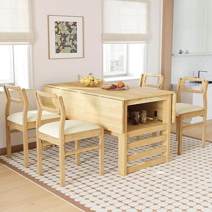 Drop Leaf Dining Table with Chairs Set of 4, 5-Piece Farmhouse Rectangular - Image 3