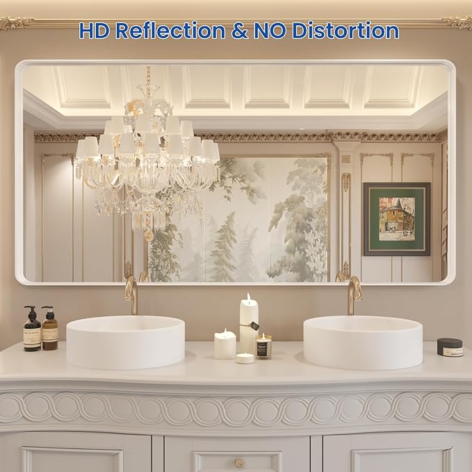 WEER White Bathroom Mirror 72X36 Inch, Rounded Rectangle White Metal Frame - Image 2