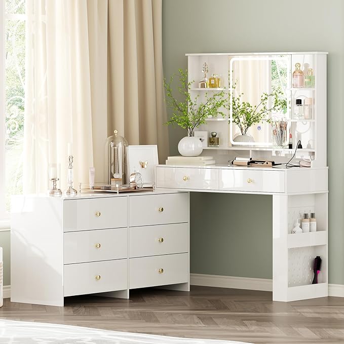 Makeup Vanity Desk with Mirror and Lights, Vanity Desk with 8 Drawers & Storage - Image 9