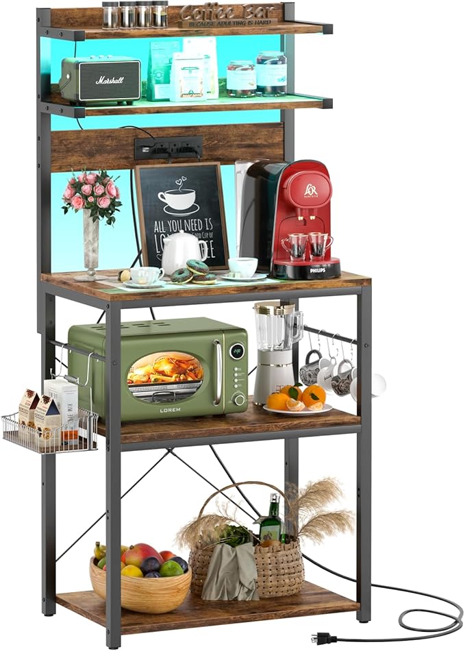Aheaplus Bakers Rack with Power Outlet, Microwave Stand, 5 Tiers Coffee Bar by Aheaplus
