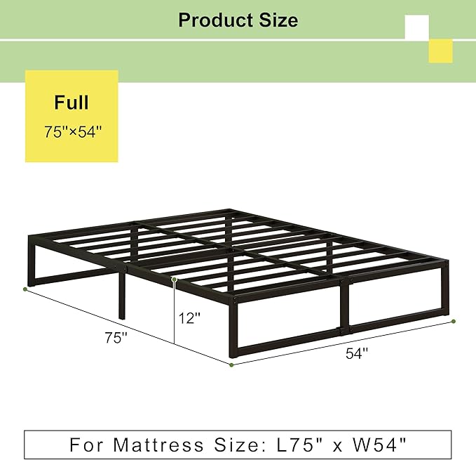 EMODA 12 Inch Full Size Bed Frame Heavy Duty Metal Platform No Box Spring Needed - Image 2