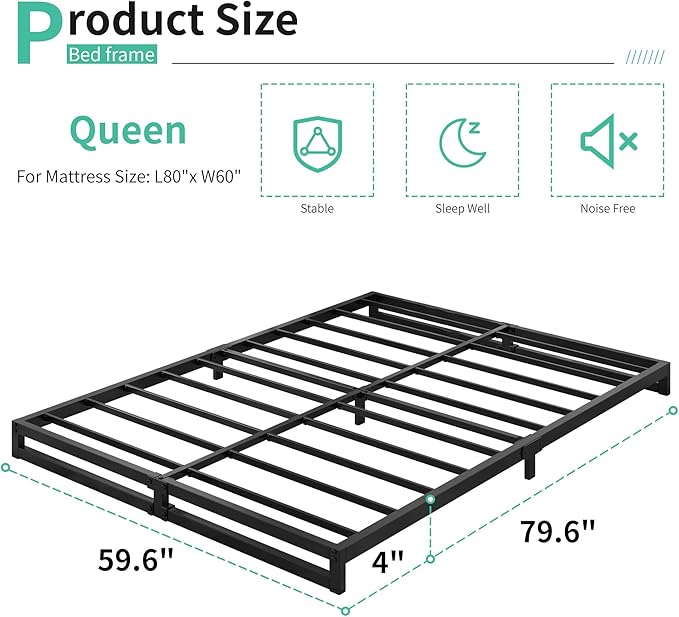 4 Inch Bed Frame Queen Size Heavy Duty Steel Slat Support Metal Platform Queen - Image 2