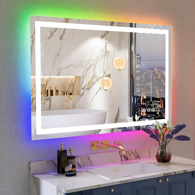 48x36 Inch RGB LED Bathroom Mirror Front Light and RGB Backlit Lighted Vanity by YEELAIT