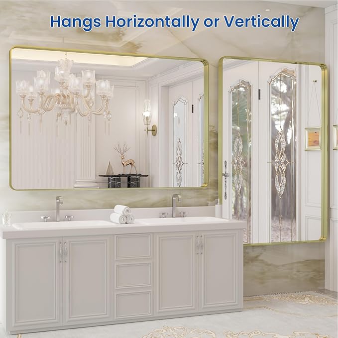 WEER Gold Bathroom Mirror, 40X30 Inch Brushed Gold Metal Frame Mirror, Rounded - Image 5